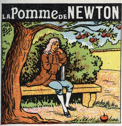 Gravitasjon: Newtons eple. Isaac Newton (1642-1727) observerer et eple som faller fra et epletre og oppdager lovene for jordens tyngdekraft (gravitt). Anonym illustrasjon fra 1925. Privat samling. av Anonymous Anonymous