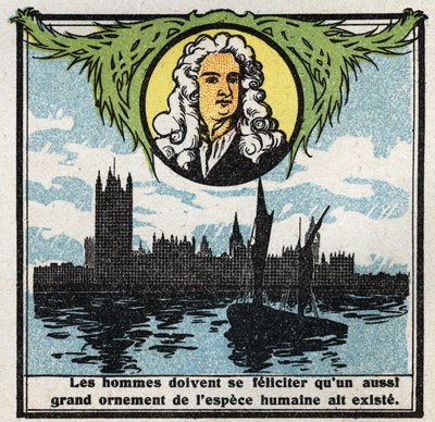 Gravitasjon: portrett av Isaac Newton (1642-1727) som oppdaget tyngdelovene (gravitt). Anonym illustrasjon fra 1925. Privat samling. av Anonymous Anonymous