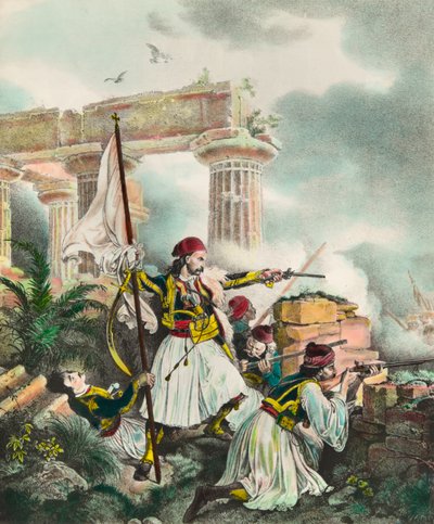 Gresk uavhengighetskrig mot det osmanske riket: banneret stiger til Salona av Nickolaki Mitropolos etter opprøret 25.03.1821. Litografi av privatsamlingen fra 1800-tallet av Anonymous Anonymous