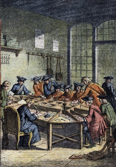 History of the Post Office: a sorting room under the rule of Louis XV (18th century). Detail of “” Le petit journal”” from 15/04/1920. Private Collection av Anonymous Anonymous
