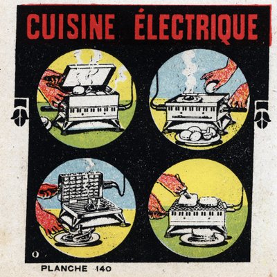 Husholdningsbruk av elektrisitet: elektrisk kjøkken med grill. Anonym illustrasjon fra 1925. Privat samling. av Anonymous Anonymous