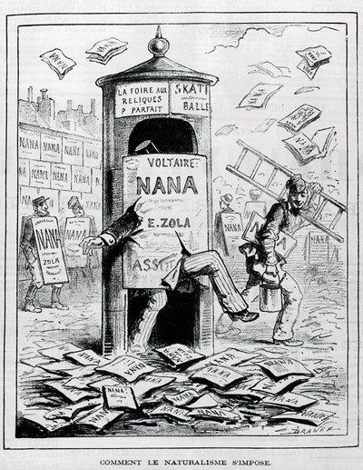 Hvordan naturalisme påtvinges: satirisk tegning på den naturalistiske romanen om boken "Nana" av Emile Zola. Gravering fra 1800-tallet. Privat samling. av Anonymous Anonymous