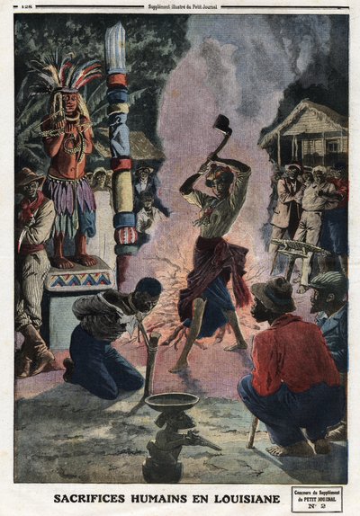 Menneskeofringer i Louisiana. Gravering i "" Le petit Journal"", 21.04.1912. Privat samling. av Anonymous Anonymous