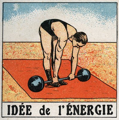 Idee of energy: athlete lifting a weight. Anonymous illustration of 1925. Private collection. av Anonymous Anonymous