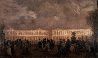 Belysning av Place Louis XV (nå Place de la Concorde) i Paris i 1782 Til venstre, det nåværende Hotel Crillon og til høyre, Hotel de la Marine (Hotel du Garde Meuble). Anonymt maleri av Anonymous Anonymous