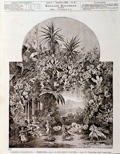 Illustrasjon for operaen Parsifal av Wagner, representert i 1882 på teateret i Bayreuth av Anonymous Anonymous