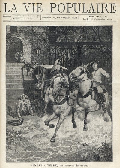 In front of the staircase of a small castle, a young rider arrives in the courtyard, has all speed, spitting his horse and panicking the horses of the coupling parked by the gate, a large man wearing a protested wig stretches on the ground after a fall due av Anonymous Anonymous