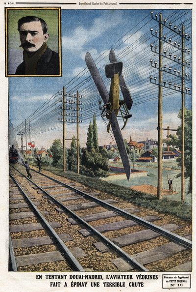 I fristende Douai - Madrid gjorde flygeren Jules Vedrines (1881-1919) Epinay til et forferdelig fall. Gravering i Le Petit Journal””, 05.12.1912 av Anonymous Anonymous
