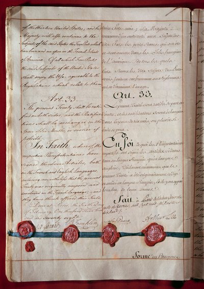 Uavhengighet av USA: handel med vennskap og handel mellom Frankrike og USA (representert av Benjamin Franklin) stammer fra februar 1778 på begge språk. 1778 Paris, Utenriksdepartementet av Anonymous Anonymous
