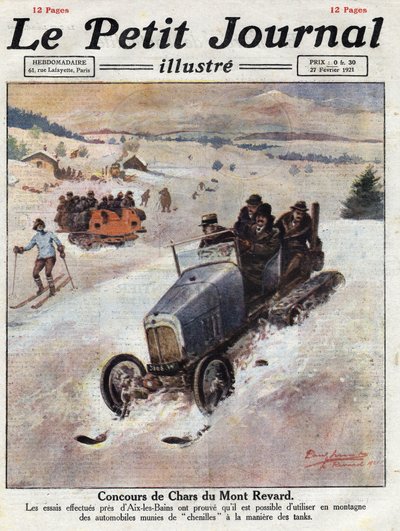 Innovasjon på biler i fjellet, spor er plassert på hjulene for å unngå skader. Illustrasjon hentet fra "" Le petit journal"" av 27.02.1921. Privat samling av Anonymous Anonymous