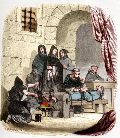 Inquisition in Spain in the 15th century: Mary of Burgundy (1457-1482), accused of being Jewish, is tortured by (saint) Peter (Pedro) of Arbues (1441/1442-1485), Spanish inquisitor: he is burning his feet. Illustration in “” Mysteres of the Inquisition and av Anonymous Anonymous