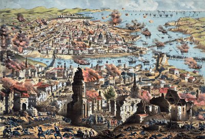 Interiør av Sevastopol (Sebastopol) , ødeleggelse av byen av russerne, deres retrett - Ukjent artillerioffiser - 1855 - Fargelitografi - 51,3x68,4 - Privat samling av Anonymous Anonymous