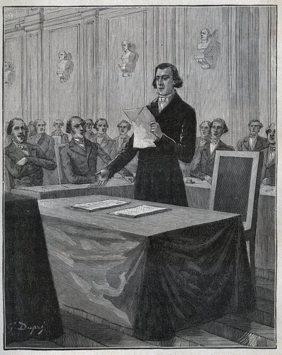 Jean Baptiste (Jean-Baptiste) Andre Dumas (1800-1884) fransk kjemiker presenterte for Vitenskapsakademiet sin rapport om oppfinnelsen Ruolz og Elkington. Gravering fra 1885 i "" Les arts et metiers illustres"" av Adolphe BITARD. av Anonymous Anonymous