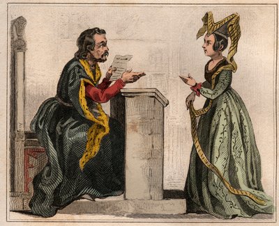 Jehan Pastoret (1328-1405), president for Paris-parlamentet under Charles Vs regjeringstid med en edel kvinne, iført en liripion. Gravering fra 1859 i “” Le Monde. Alle folkeslags historie fra de fjerneste tider til i dag». av M. E. de Lostal av Anonymous Anonymous