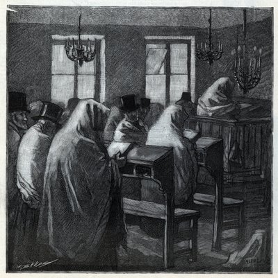 Jødiske høytider: fideles under bønnen inne i et oratorium i høytiden. Gravering i “Le monde illustree”” fra 1892. Privat samling. av Anonymous Anonymous