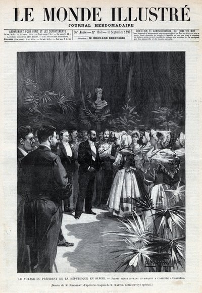 Reisen til Sadi Carnot (1837-1894) til Savoy: Republikkens president blir ønsket velkommen i Chambery av unge jenter som tilbyr ham en blomsterbukett. En avis. Gravering i “Le monde illustree”” fra 1892. Privat samling. av Anonymous Anonymous