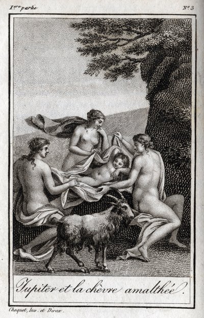 Jupiter child fed by the goat Amalthee. Engraving from 1819 in “Lettres a Emilie sur la mythologie” by Charles Albert Demoustier (1760-1801). Private collection. av Anonymous Anonymous