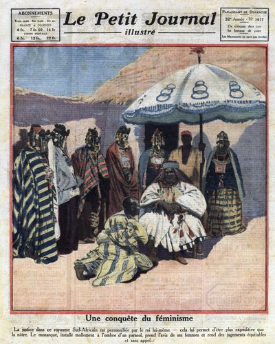 Rettshåndhevelse og feminisme i svarte afrikanske land: en sørafrikansk konge rådfører seg med kvinnene sine før han dømmer. Illustrasjon hentet fra “” Le petit journal”” fra 18/12/1921 Samling privee av Anonymous Anonymous