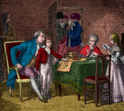 Kong Ludvig XVI og kongefamilien holdt i tempelet under oppsyn av revolusjonærene, gravering, privat samling av Anonymous Anonymous