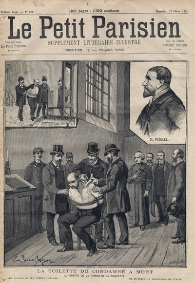La Toilette du convicne a death (Deibler) at the registry of the prison de la Roquette - Engraving in “” Le petit Parisien”” of 1891. Private collection. av Anonymous Anonymous