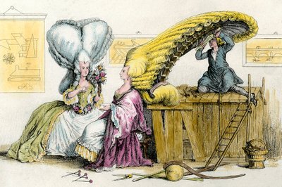 Store eksentriske frisyrer: unge kvinner av adelen stylet av en parykk. Gravering fra 1788 Privatsamling av Anonymous Anonymous