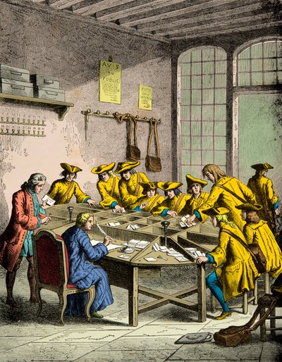 Stort postkontor i Paris under kong Louis XVI, gravering, privat samling av Anonymous Anonymous