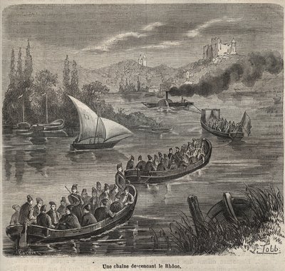 Fengselet i Toulon - en kjede som går nedover Rhône - Gravering i "Historien om fengslene fra deres opprettelse til i dag" (1877) av Pierre Zaccone (1817-1895) (Colonia Penale - straffekoloni) av Anonymous Anonymous