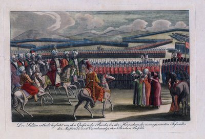 ""Den osmanske sultanen Selim III (1761-1808) gjennomgår sitt nye infanteri"" Anonym gravering 1806 Privat samling av Anonymous Anonymous