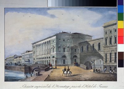 Hermitage Theatre i St. Petersburg. Anonym litografi, fargelagt i akvarell, rundt 1840. A. Pushkin Memorial Museum, St. Petersburg. av Anonymous Anonymous