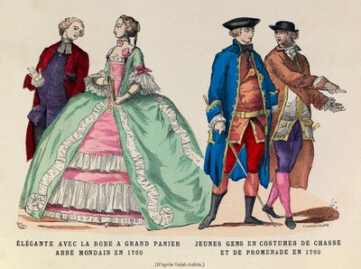 Venstre: Elegante med en stor kurvkjole, mondain abbe i 1760/høyre: Unge menn i jakt- og gangdrakt i 1760 (regne av kong Louis XV) - privat samling av Anonymous Anonymous