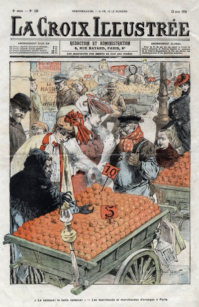 De oransje kjøpmennene (La valence) i Paris i 1905 - omslag til "La-Croix-Illustree"" fra 1905 av Anonymous Anonymous