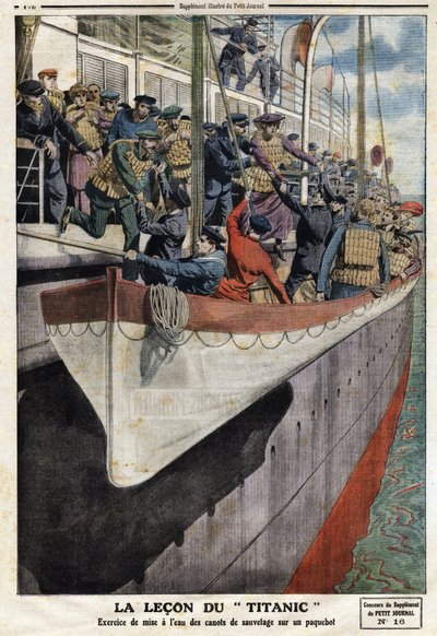 Redningsbåtøvelse ombord på en rutebåt, etter forliset av RMS Titanic, 15. april 1912, illustrasjon fra den franske avisen Le petit Journal, 2. juni av Anonymous Anonymous