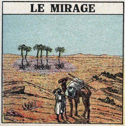 Light refraction: mirage. Atmospheric refraction gives the illusion of an oasis appearing in a desert. Anonymous illustration from 1925. Private collection. av Anonymous Anonymous