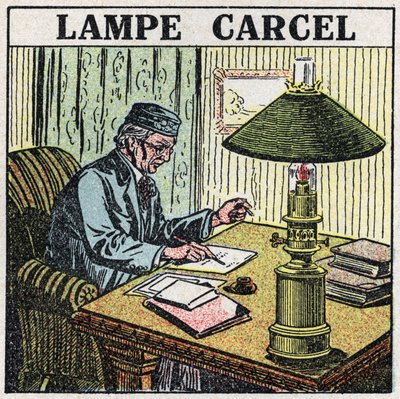 Lyskilder: Carcel-lampe, oppfunnet av Guillaume Carcel (1750-1812) og ved bruk av vegetabilsk olje. Anonym illustrasjon fra 1925. Privat samling. av Anonymous Anonymous