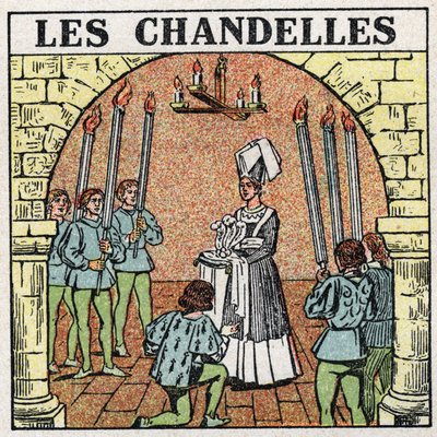 Light sources: candles used in the Middle Ages. Anonymous illustration from 1925. Private collection. av Anonymous Anonymous