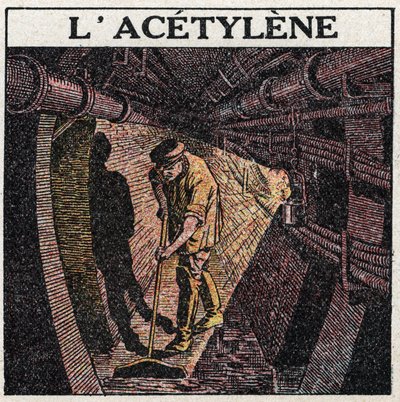 Light sources: illumination by acetylene used in drums. Anonymous illustration from 1925. Private collection. av Anonymous Anonymous