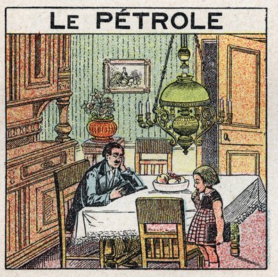 Light sources: use of the oil lamp. Anonymous illustration from 1925. Private collection. av Anonymous Anonymous