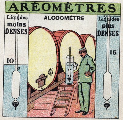 Væskebalanse: måler tettheten til en alkohol med et alkoholometer (et aerometer brukes til alkohol). Anonym illustrasjon fra 1925. Privat samling. av Anonymous Anonymous