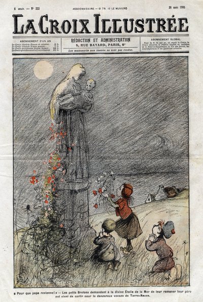 Små bretonere ber havets guddommelige stjerne om å bringe tilbake faren deres som nettopp har reist på den farlige reisen til Newfoundland - cover av «La-Croix-Illustree» fra 1905 av Anonymous Anonymous