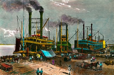 Laster bomull på dampbåter på Mississippi for New Orleans (New Orleans). Gravering fra 1800-tallet. Privat samling av Anonymous Anonymous
