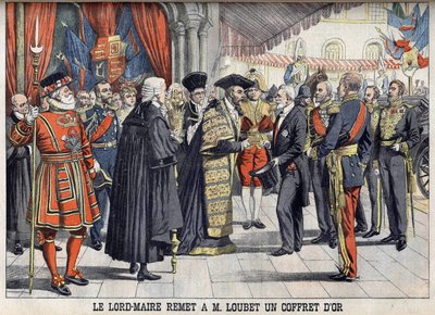London, Storbritannia. Sir Marcus Samuel overrekker president Emile Loubet en gullboks etter mottakelsen i Guildhall. Le petit Journal, juli 1903. av Anonymous Anonymous
