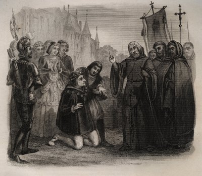 Louis XI (1423-1483) ber om hans guerison til Francois de Paule (1416-1507) Gravering av 1846 i "De helliges liv"". Privat samling. av Anonymous Anonymous