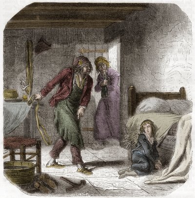 Louis XVII (1785-1795) ved tempelet, med sin geolier skomakeren Antoine Simon - Gravering i "Histoire des Girondins"" av Alphonse de Lamartine (1790-1869) 1865-1866 - Privat samling av Anonymous Anonymous