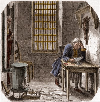 Ludvig XVI (1754-93) Leser sin siste vilje og testamente i tempelet 1792 - Ludvig XVI leser sitt testamente i tempeltårnet 25. desember 1792 - Gravering i "Histoire des Girondins" av Alphonse de Lamartine (1790-1869) 1865-1866 - Private collecti av Anonymous Anonymous