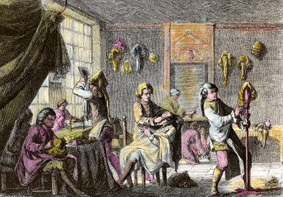 Louis XV-mote: utsikt over interiøret til en parykkfrisør. Gravering omkring 1755. Privat samling av Anonymous Anonymous