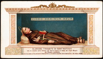 Løgnen til St. Antonius av Padua (san antonio di padova) kommer inn i kirken til Jesu hellige hjerte til de mindre brødrene til Busto Arsizio. Vi ser de siste ordene talt på latin av helgenen "Video Dominum meum" (jeg ser min Herre). fromt bilde. 20. århun av Anonymous Anonymous