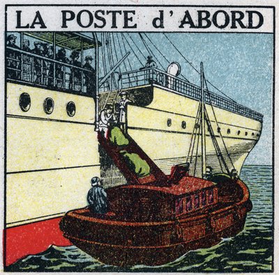 Post: skip som leverer post om bord på et linjeskip (post først). Anonym illustrasjon fra 1925. Privat samling. av Anonymous Anonymous