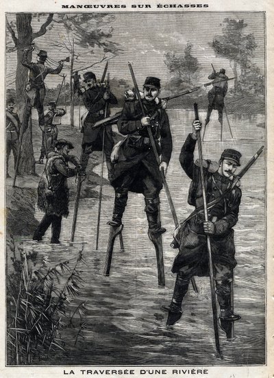 Manøvrer på echasse: kryssingen av en elv av det franske militæret til Mont de Marsan (Mont-de-Marsan) guidet av Landes echassiers for å etablere en telegraflinje. Gravering. I "" Le Petro Parisien"", den 17/12/1899. Privat samling. av Anonymous Anonymous