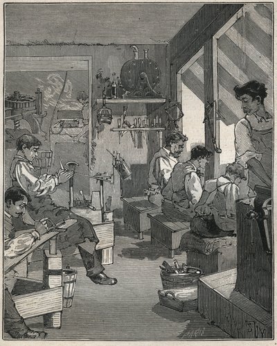 Produksjon av kammer i et verksted i Frankrike på 1800-tallet. Gravering fra 1885 i "" Les arts et metiers illustres"" av Adolphe BITARD. av Anonymous Anonymous