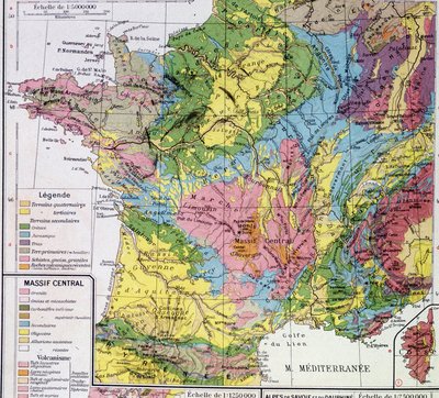 Kart over Frankrike: Geologisk Frankrike - i "" Atlas scolaire"" av Anonymous Anonymous